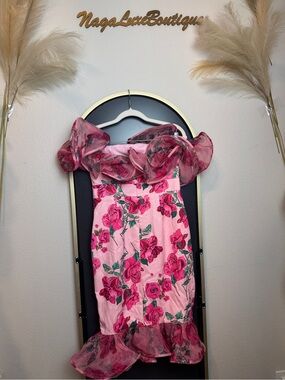 Pink Rose Floral Ruffle Mini  Dress Off shoulder romantic  Size M-L